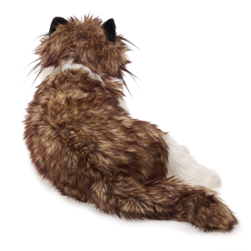 Folkmanis hand puppet fluffy cat with brown-and-white spotted long fur and black ears, photographed from behind