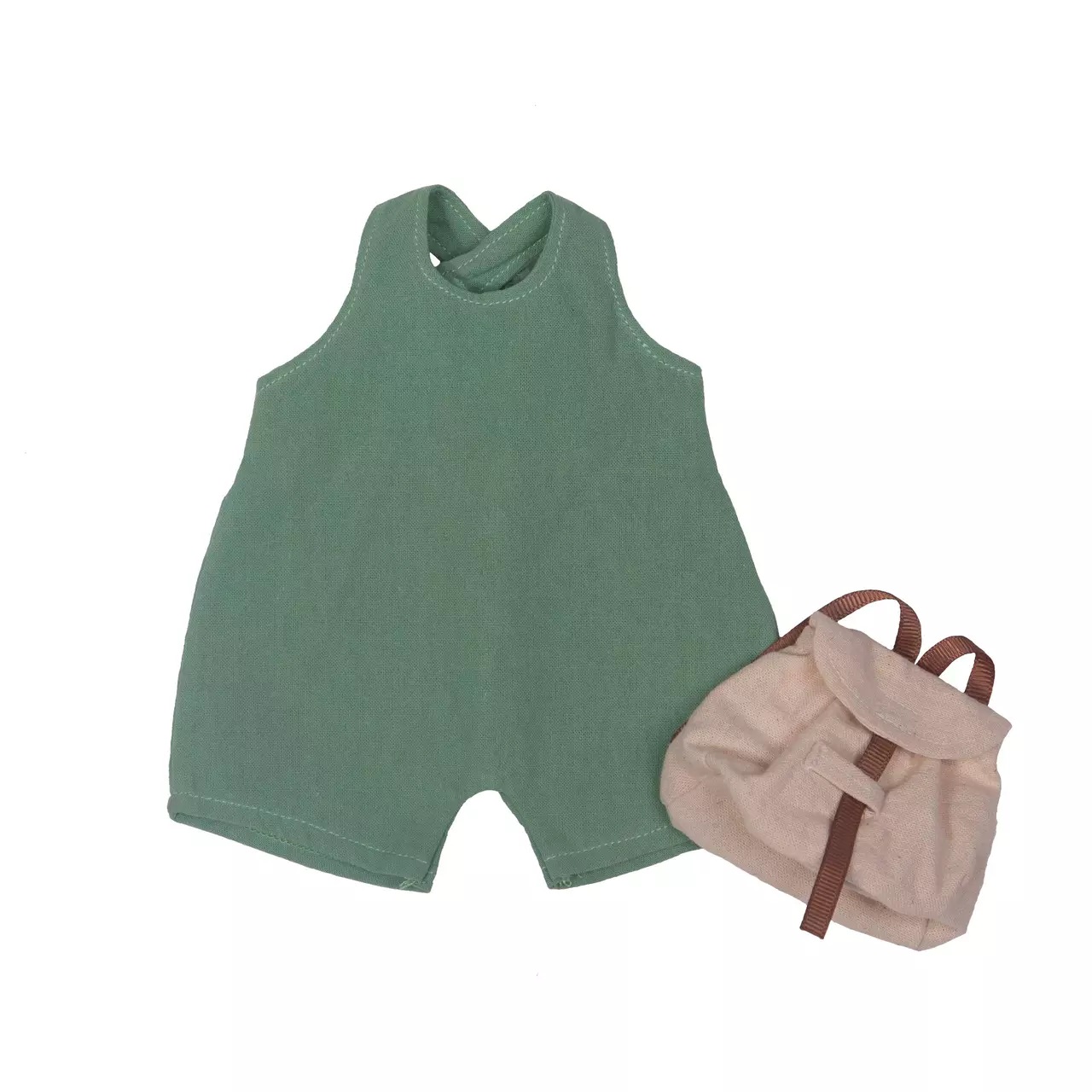 Spring outfit for Rubens EcoBuds: green romper with beige mini backpack
