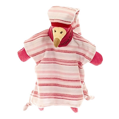Living Puppets cuddle hand puppet Ronny Dodo, pink striped comforter with a bird head, pointed hat and pink wings