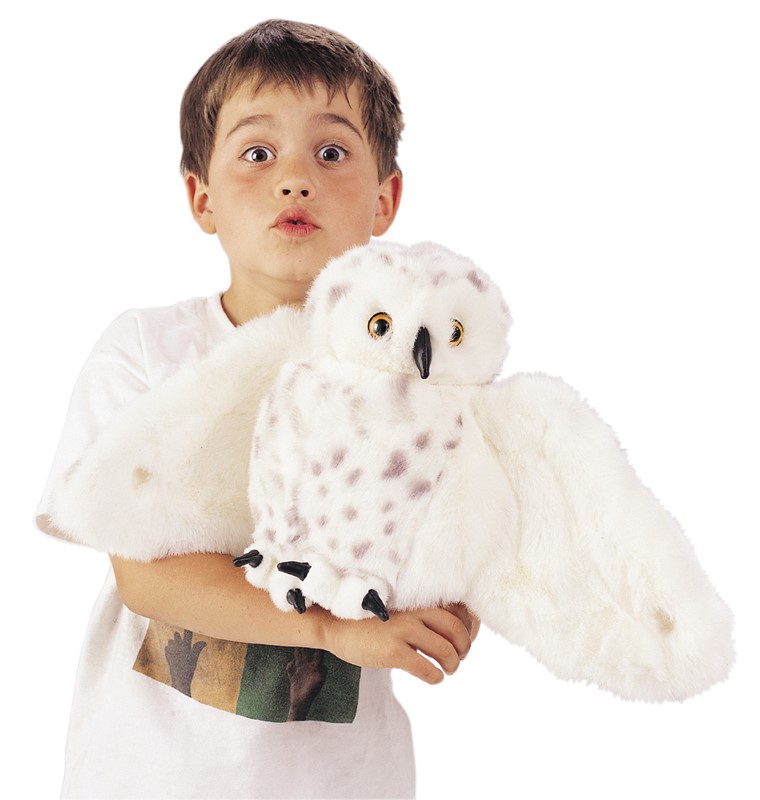Boy holding a Folkmanis snowy owl hand puppet with spread white wings, black beak and yellow eyes in his arms