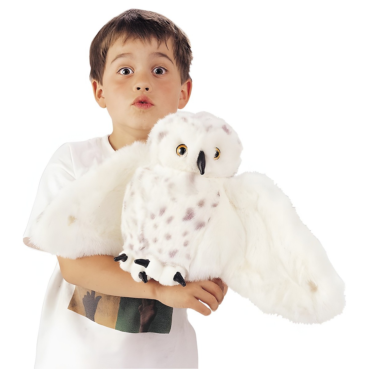 Boy holding a Folkmanis snowy owl hand puppet with spread white wings, black beak and yellow eyes in his arms