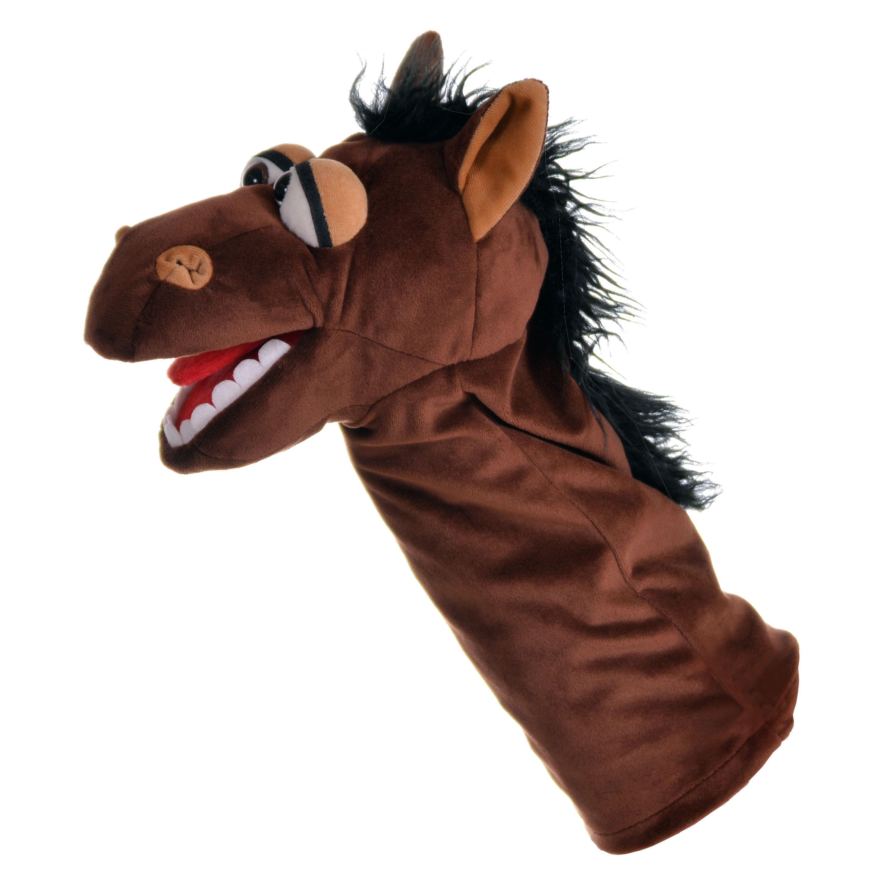 Living Puppets sock puppet Fred Jonatan the horse, brown with a black mane and an open mouth, side view
