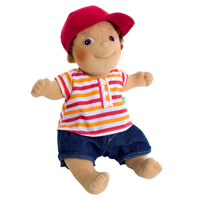 Rubens Kids doll Tim with red cap, striped shirt and denim shorts
