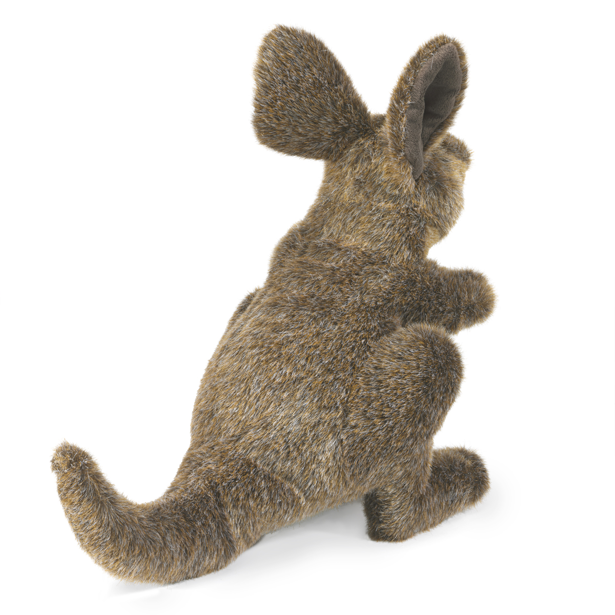 Folkmanis small kangaroo hand puppet in brown-flecked plush, rear view showing large ears and short tail