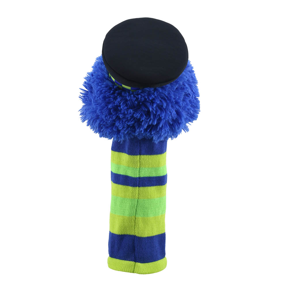 Puppet Company Bobby monster sock puppet from behind, back of the head with black police cap, blue fringe and blue-green striped knitted body