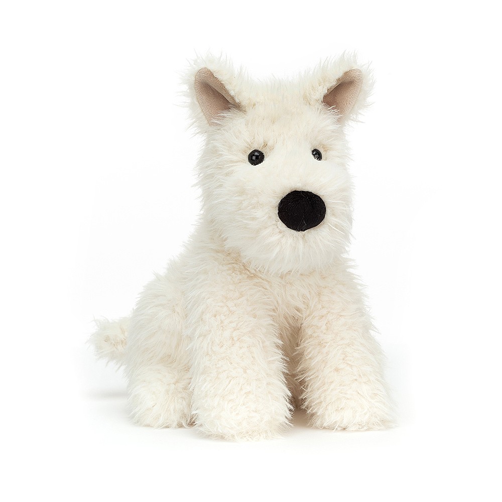Jellycat plush toy Scottish Terrier Munro Scottie Dog, cream-coloured shaggy plush toy with a black nose, sitting, front view