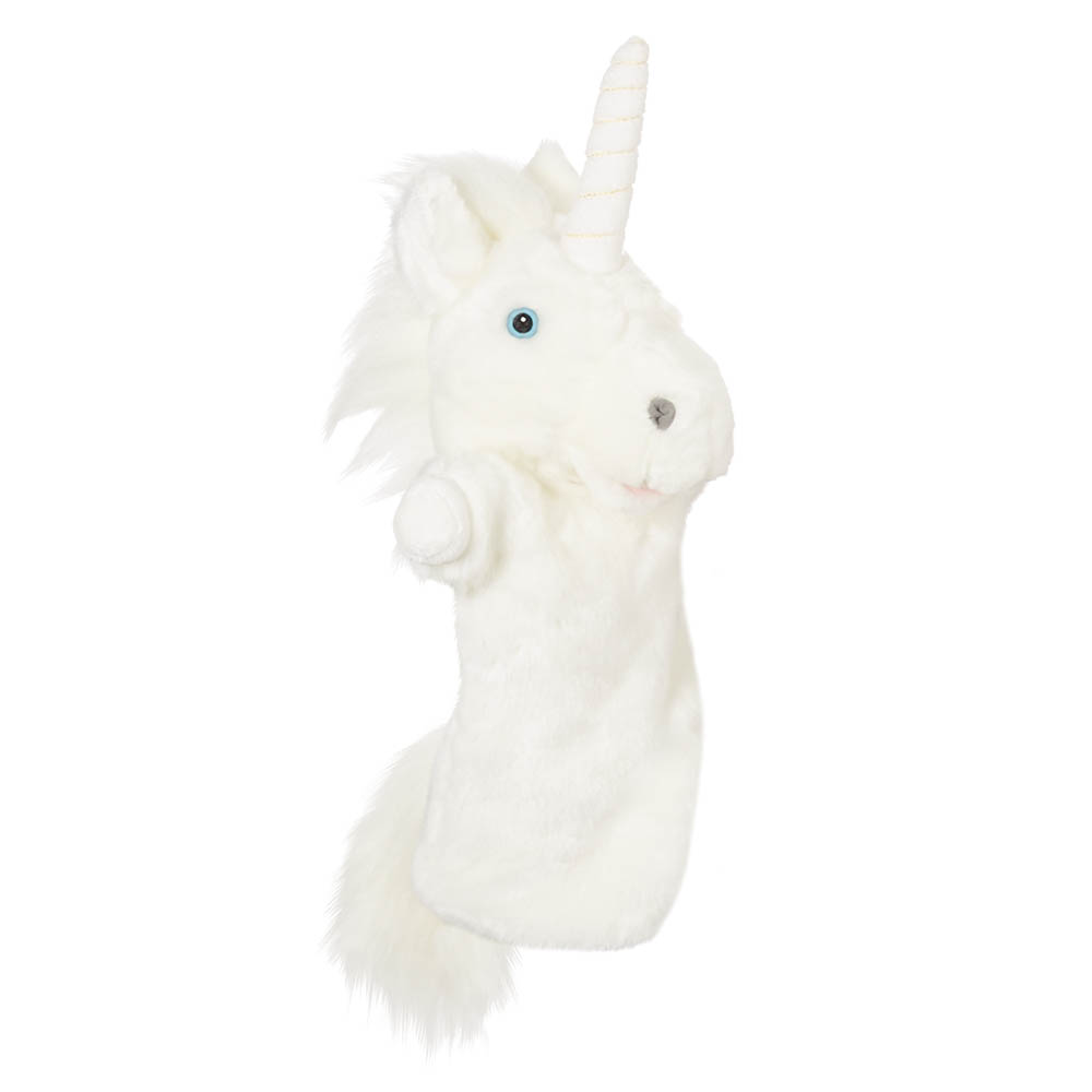 The Puppet Company baby hand puppet unicorn, white puppet with a golden horn, side view