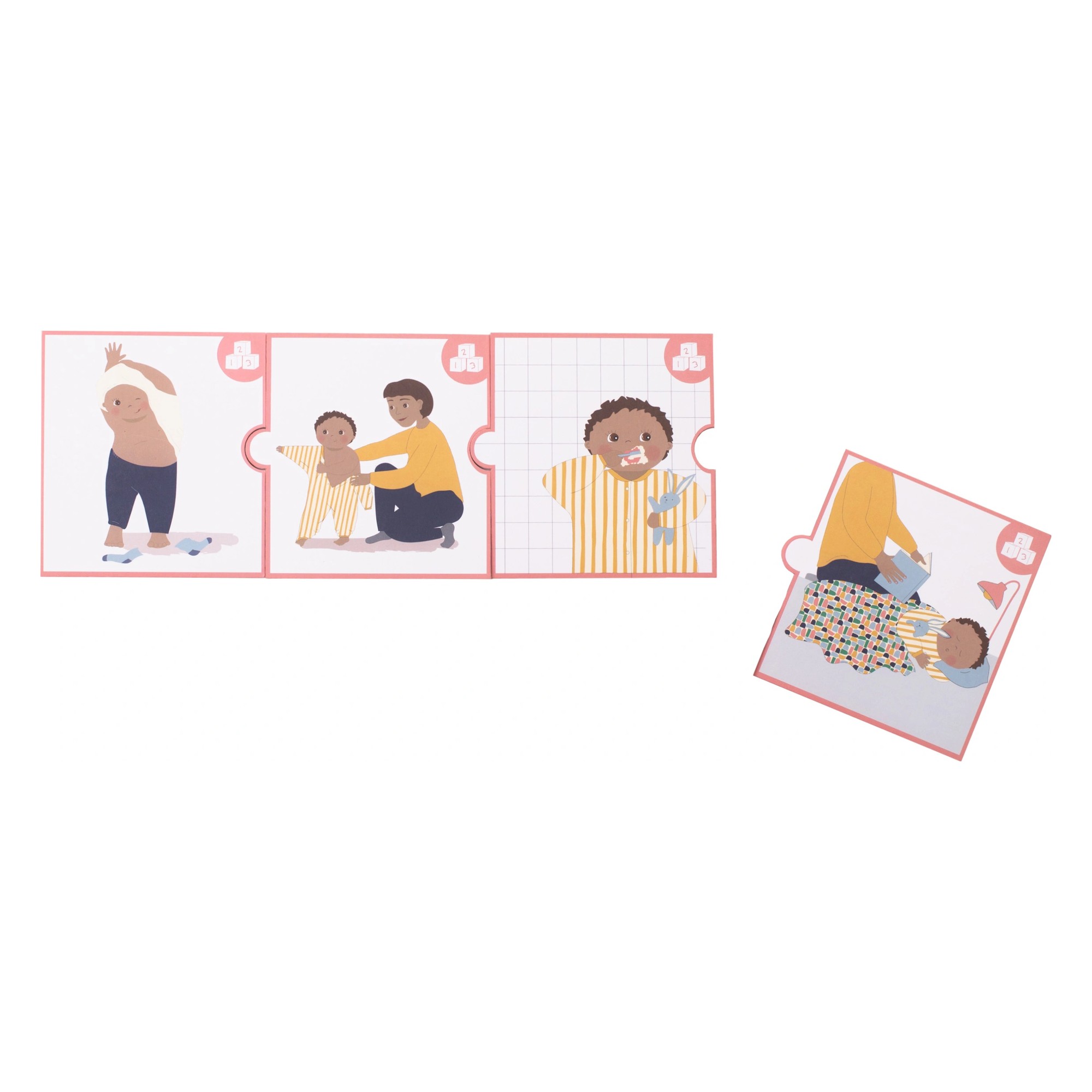 Picture cards of the Rubens Barn sleep set showing the bedtime routine as a puzzle sequence