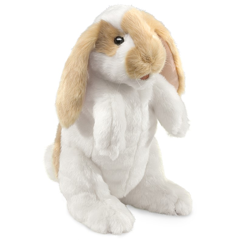 Folkmanis hand puppet standing lop rabbit with white plush fur and beige floppy ears, angled view