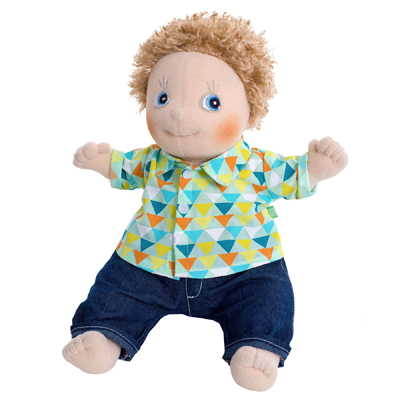Rubens Kids doll Oliver with blond tousled hair, colourful shirt and jeans