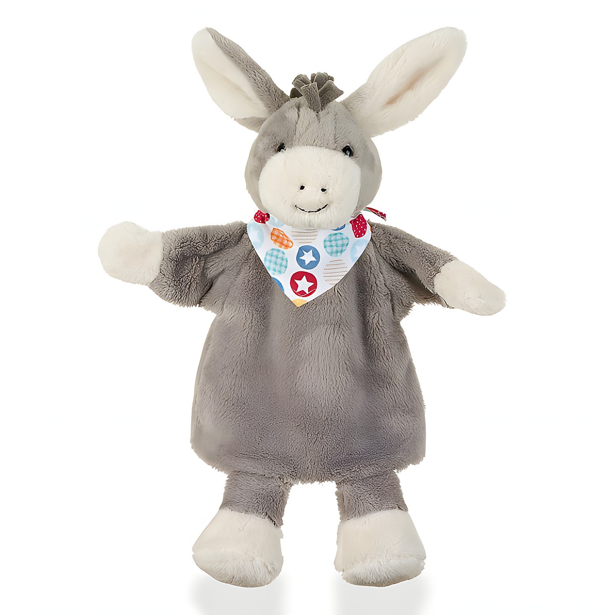 Sterntaler baby hand puppet donkey Emmi, grey fur with long floppy ears and a colourful bandana