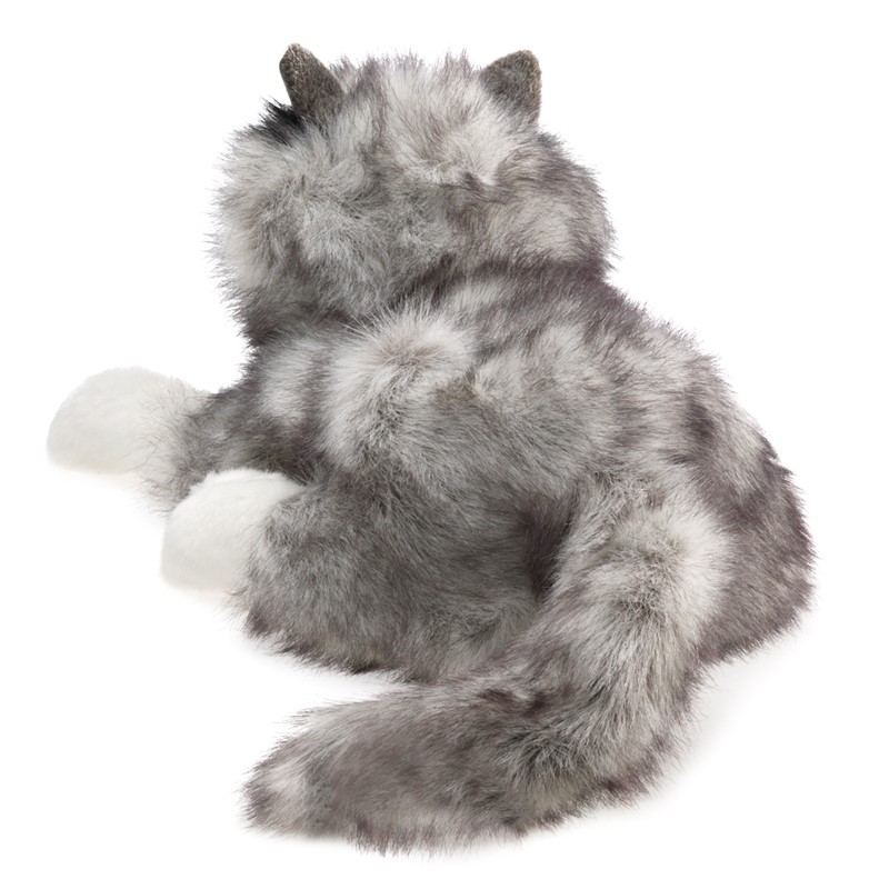 Folkmanis polar wolf hand puppet seen from behind: grey long-fur plush with white paws and a bushy tail
