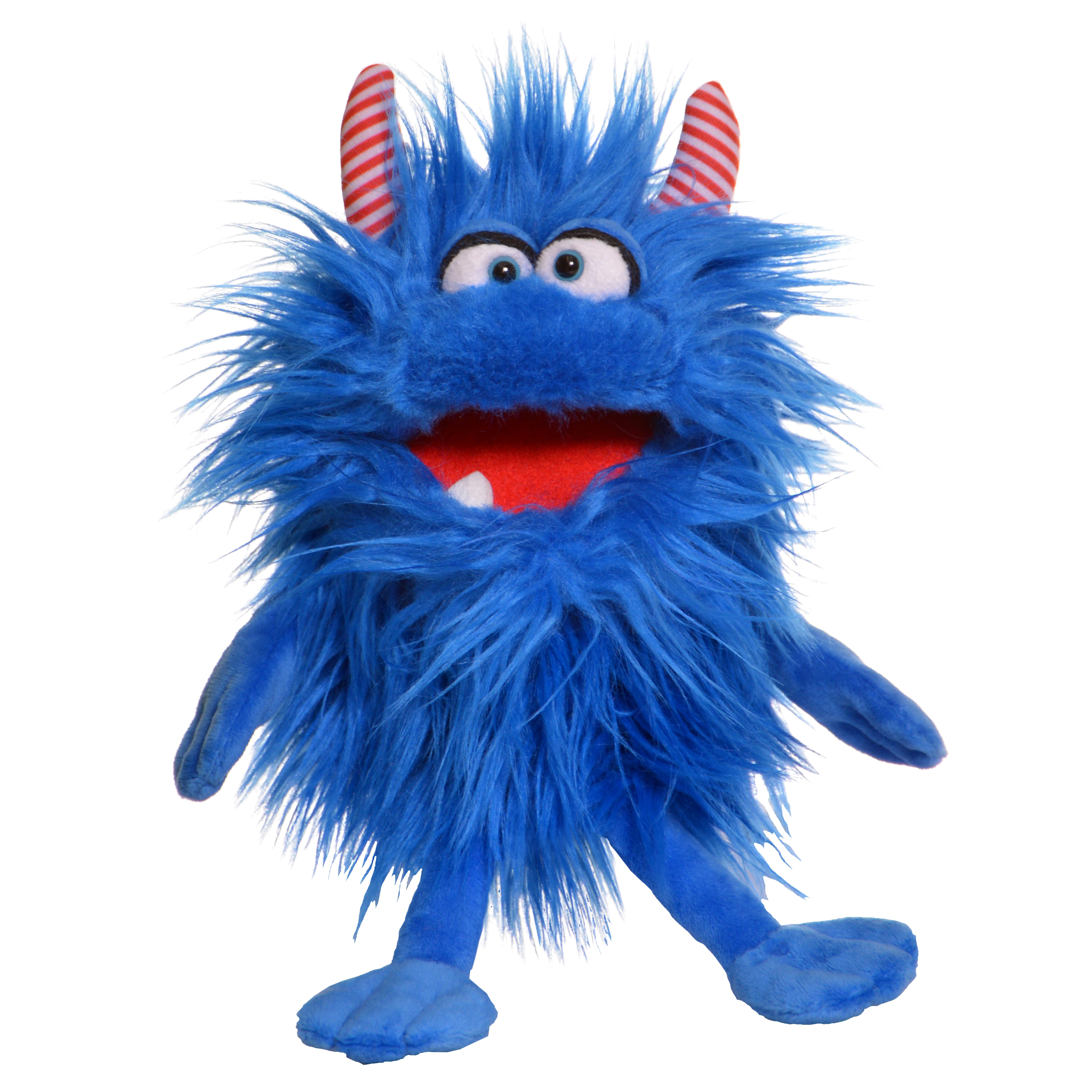 Living Puppets hand puppet Klein Schmackes, blue shaggy monster with red and white striped horns and an open red mouth