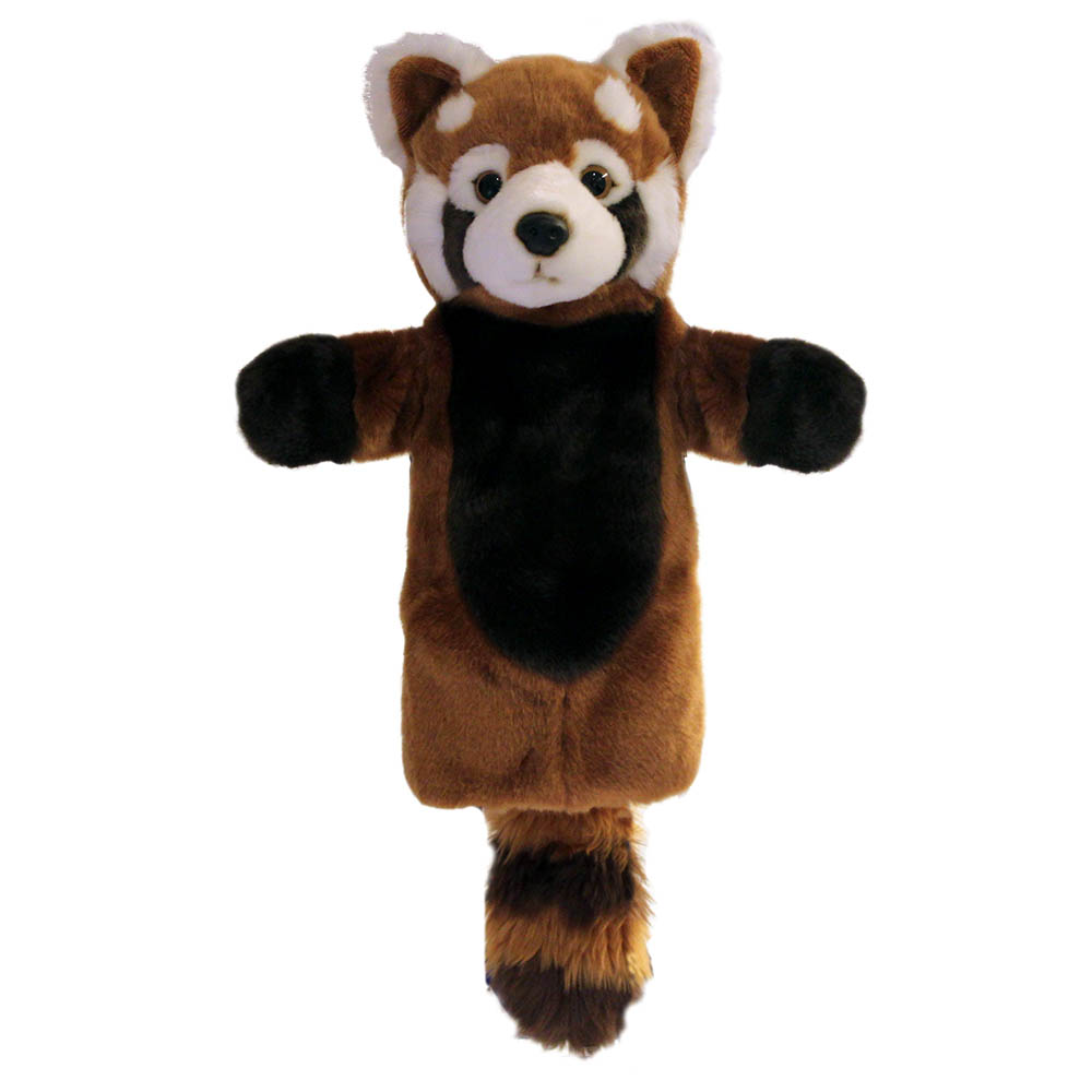 The Puppet Company baby hand puppet red panda, reddish-brown puppet with white facial markings and a ringed tail