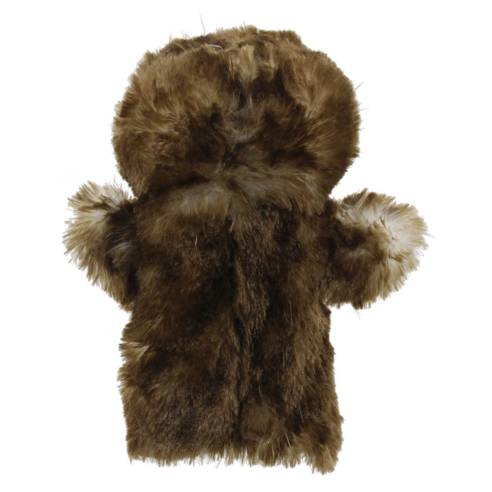 The Puppet Company baby hand puppet owl, back view showing brown and beige patterned feathers