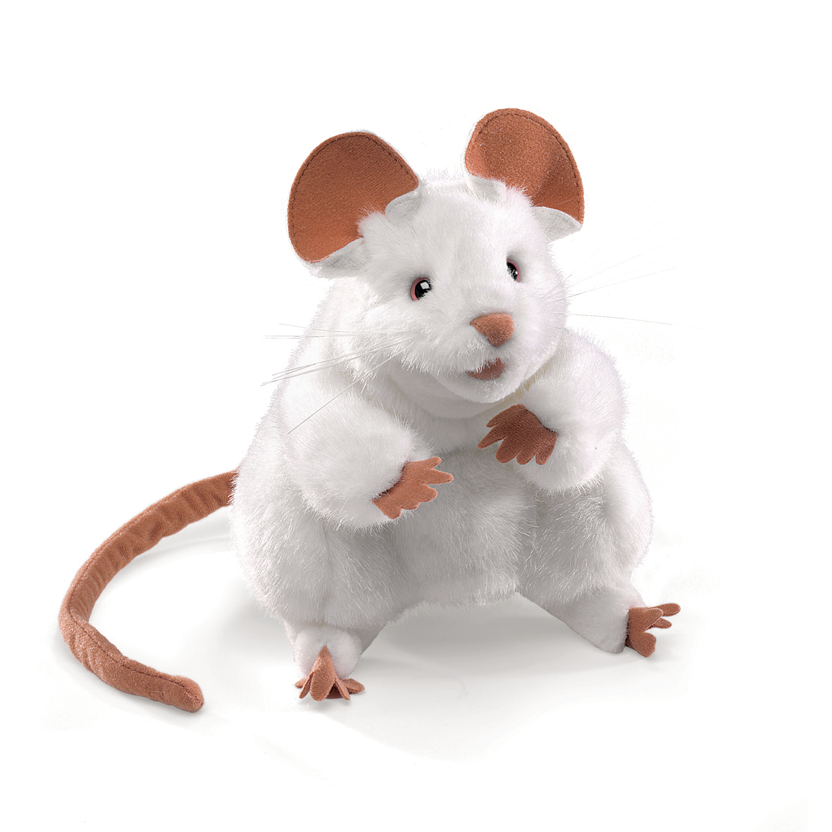 Folkmanis white mouse hand puppet with brown ears and paws, sitting upright, front view