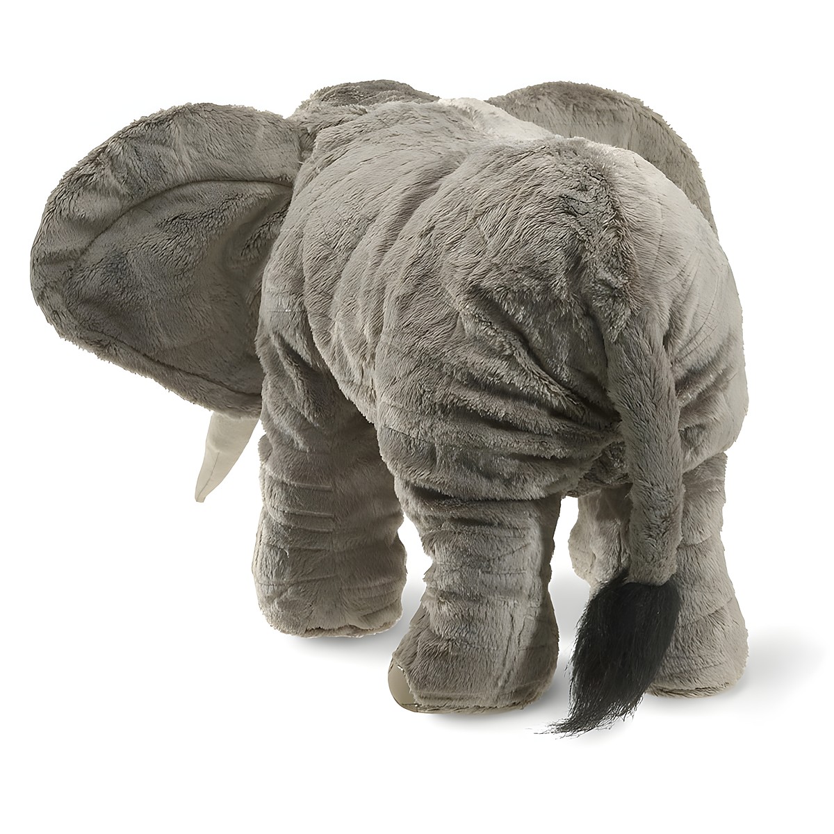 Folkmanis elephant hand puppet in grey shown from behind, with detailed wrinkle texture in the plush and a black tail tuft