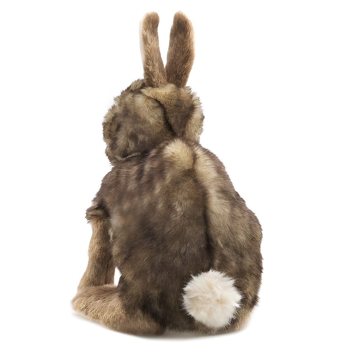 Folkmanis hand puppet cottontail rabbit seen from behind with brown mottled fur and white fluffy tail