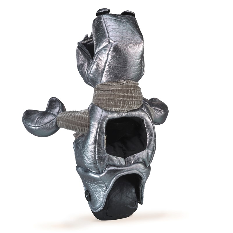 Folkmanis robot hand puppet in metallic silver faux leather, bottom view showing the hand opening at the belly