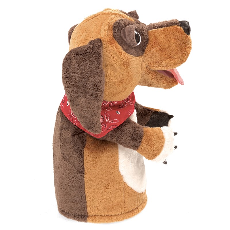 Folkmanis hand puppet dog in brown tones with a red bandana neckerchief and open mouth, side view