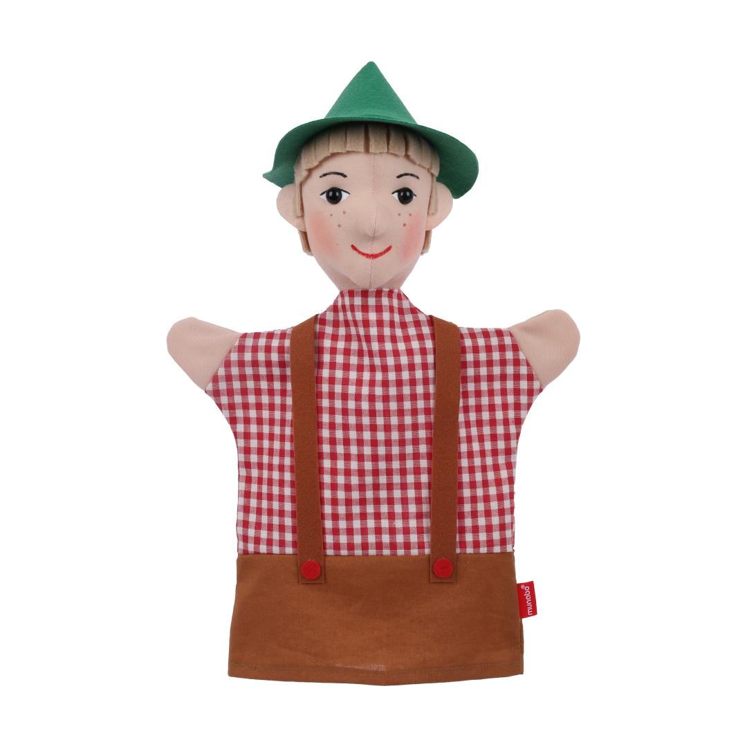 Seppel hand puppet by munabo, front view with a green pointed hat, blond hair and a red-and-white check shirt.