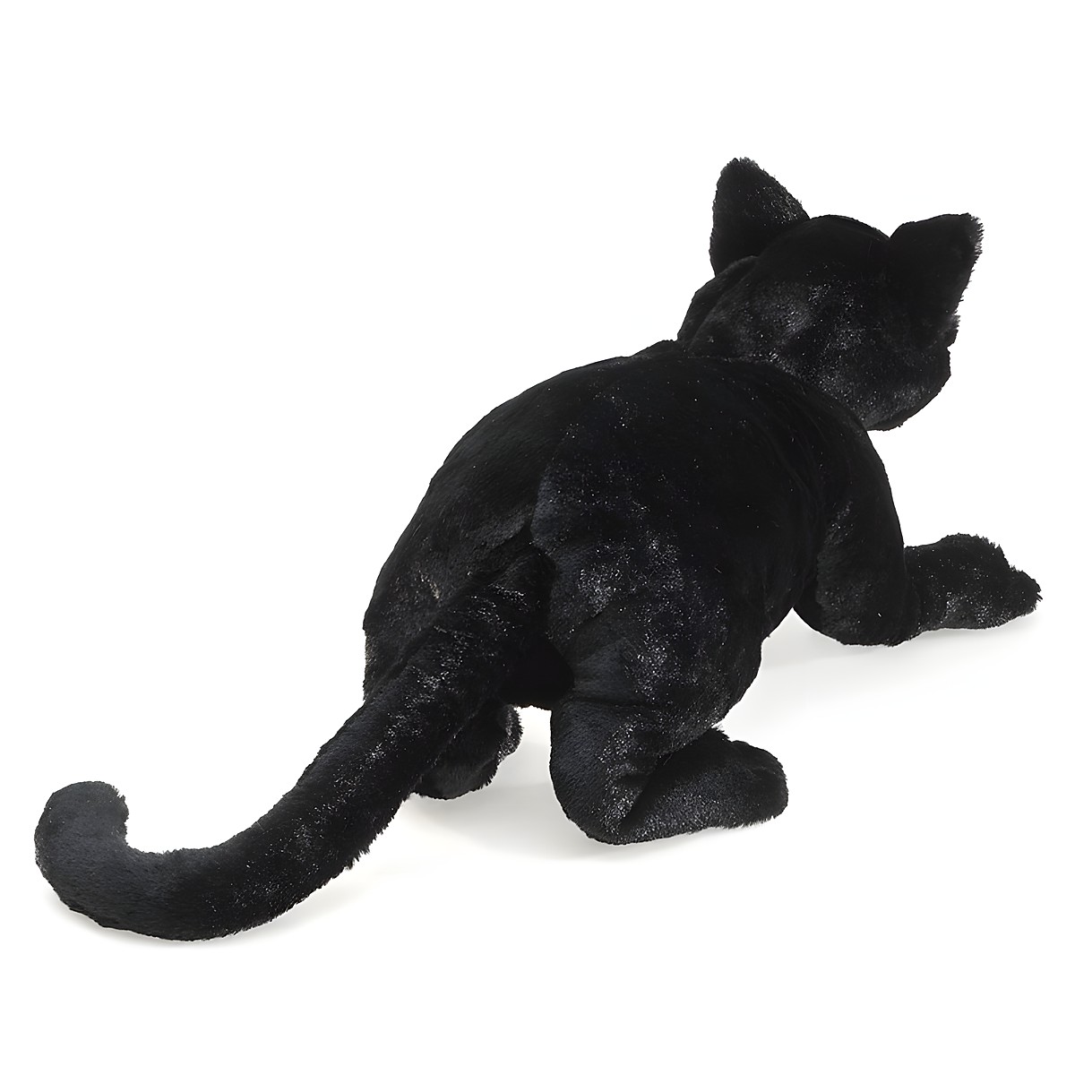 Folkmanis black cat hand puppet made of black plush, rear view with a long curved tail