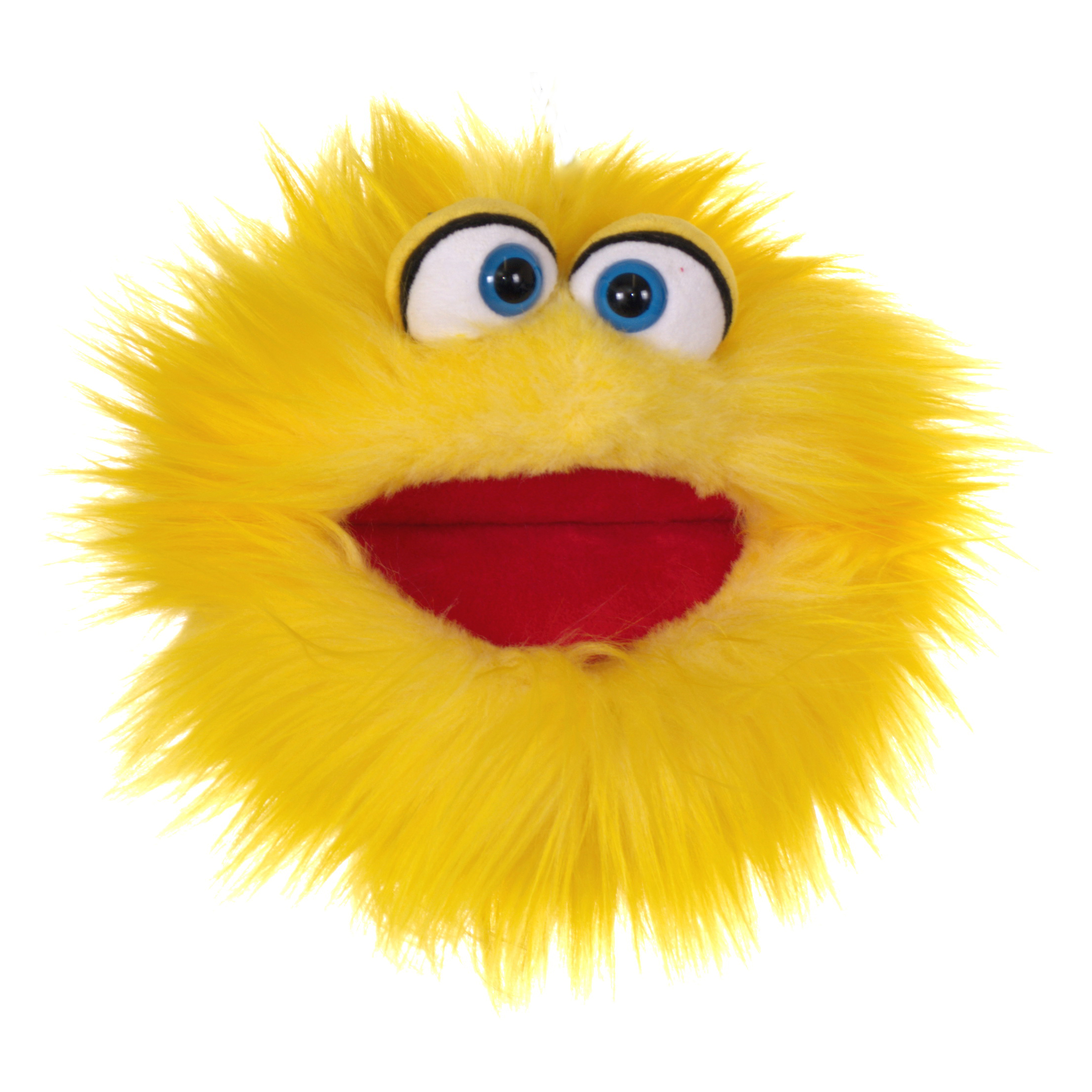 Living Puppets hand puppet Quasselkasper, yellow shaggy monster with blue eyes and a wide open red mouth, front view