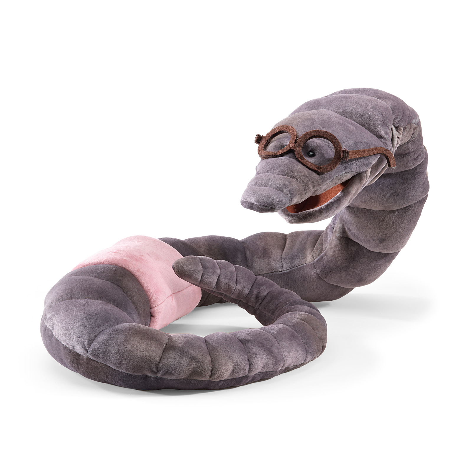 Folkmanis bookworm hand puppet in grey plush with a pink segment, round fabric glasses and movable mouth, shown at an angle