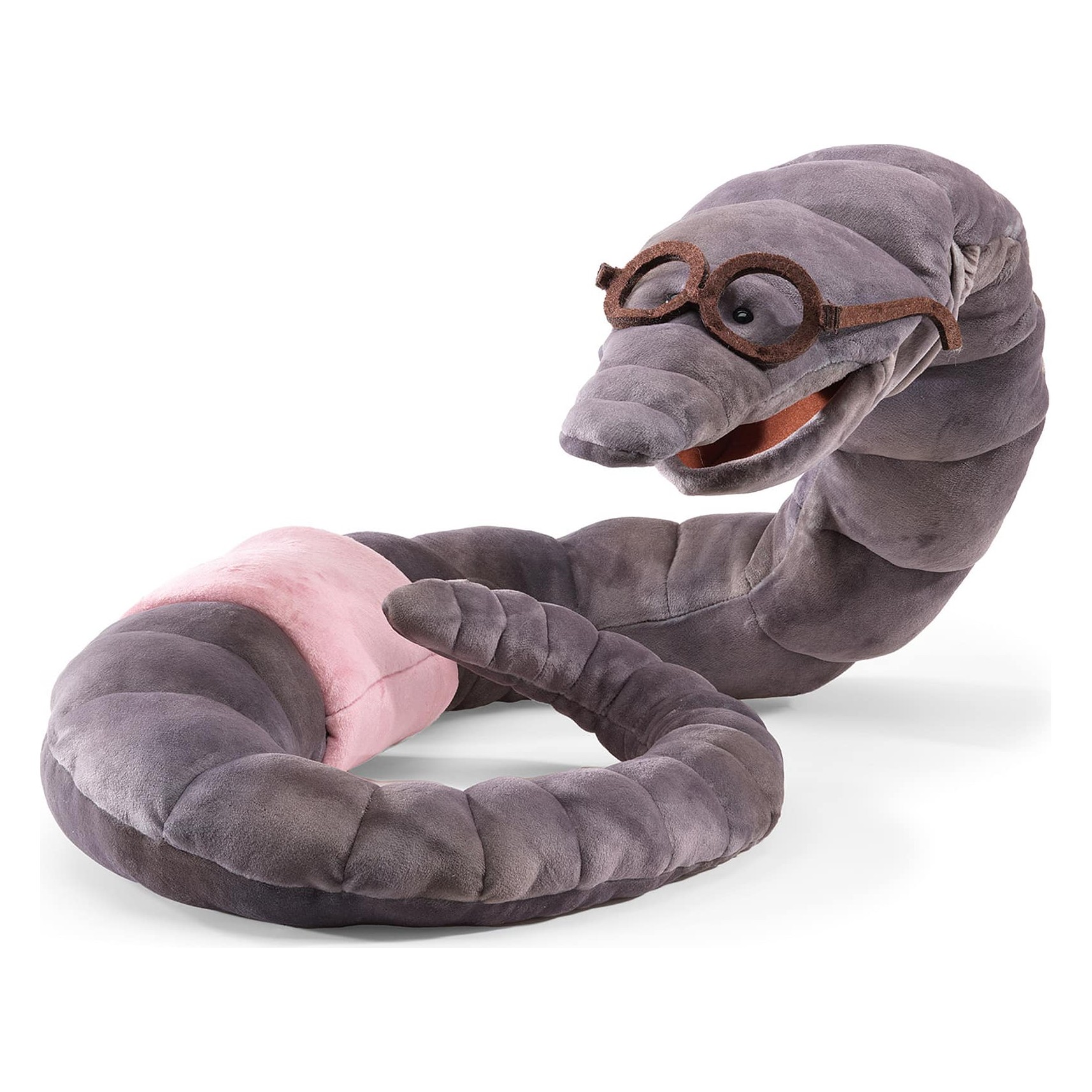 Folkmanis bookworm hand puppet in grey plush with a pink segment, round fabric glasses and movable mouth, shown at an angle