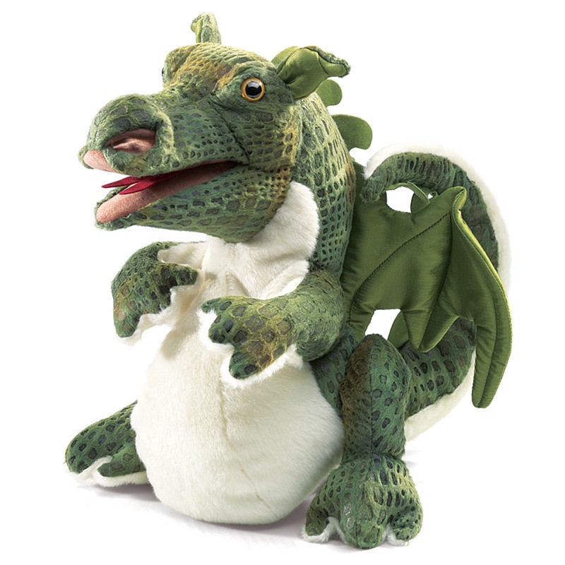 Folkmanis baby dragon hand puppet in green with white belly, movable mouth and green wings, side view
