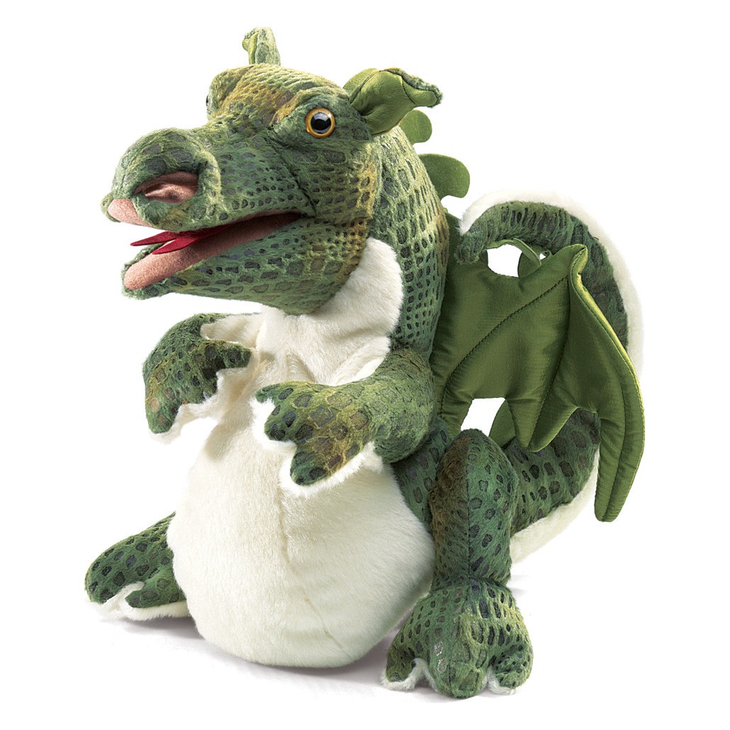 Folkmanis baby dragon hand puppet in green with white belly, movable mouth and green wings, side view