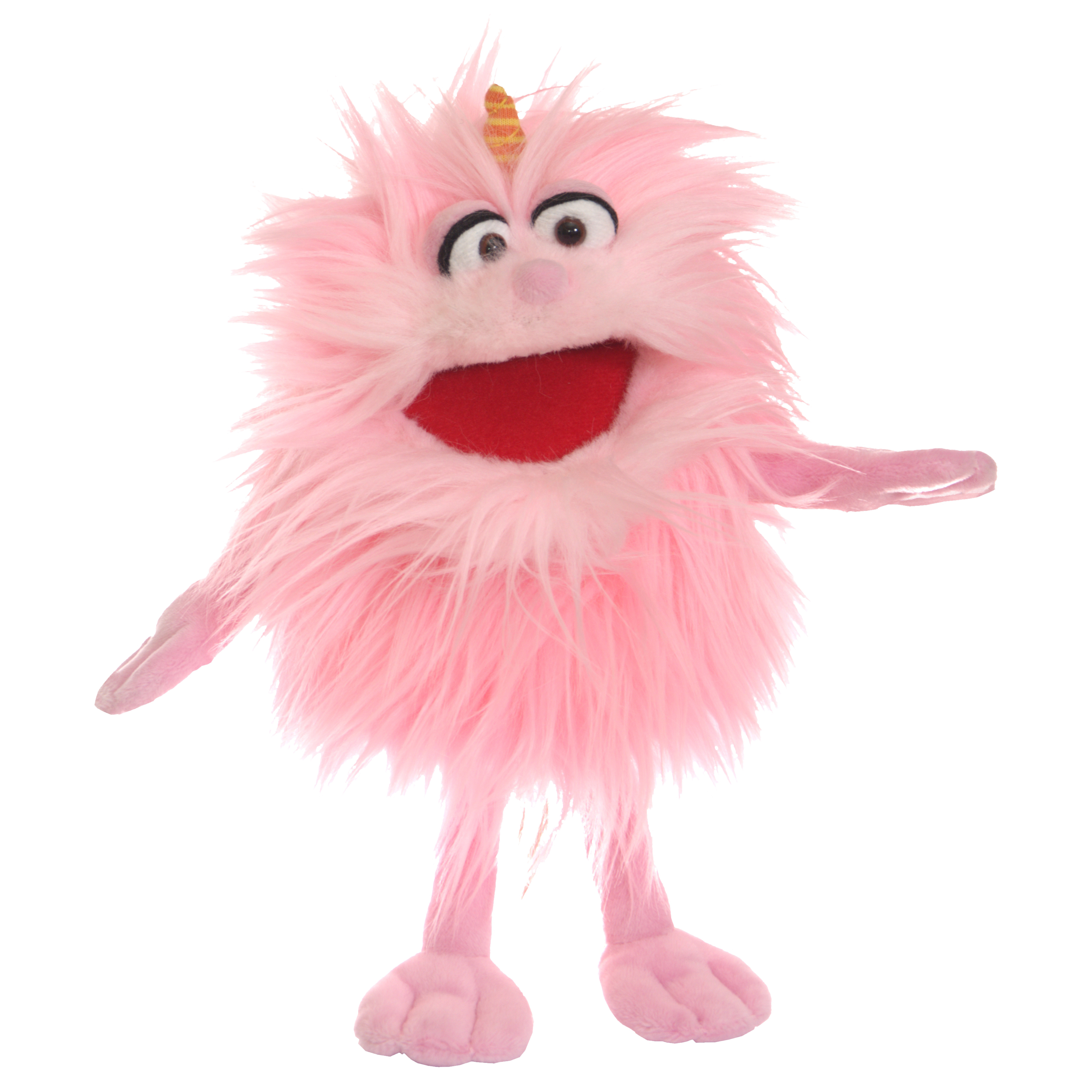 Living Puppets hand puppet Klein Bonsche, pink shaggy monster with a small orange horn and an open red mouth, arms spread wide