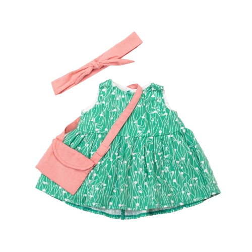 Dress set by Rubens Barn: green patterned dress with pink hairband and shoulder bag