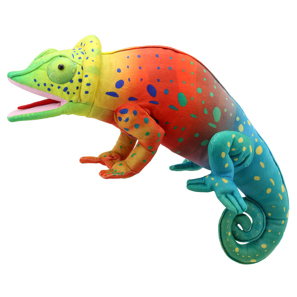 The Puppet Company hand puppet large chameleon, side view with a yellow, orange and blue colour gradient