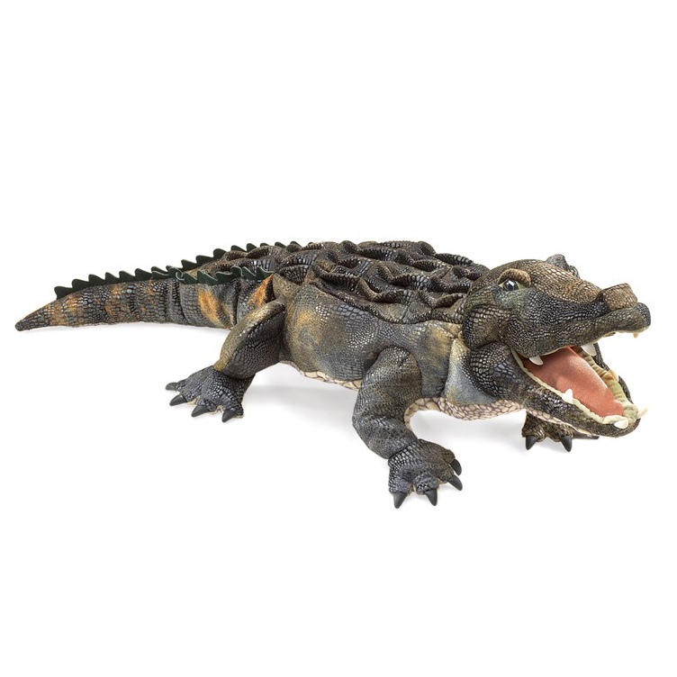 Folkmanis American Alligator hand puppet with open mouth, detailed scale texture in dark green-brown, side view