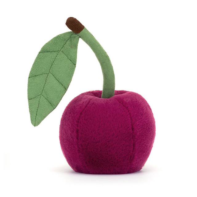 Jellycat Amuseables Cherry, pink plush figure with a green leaf stem, side view