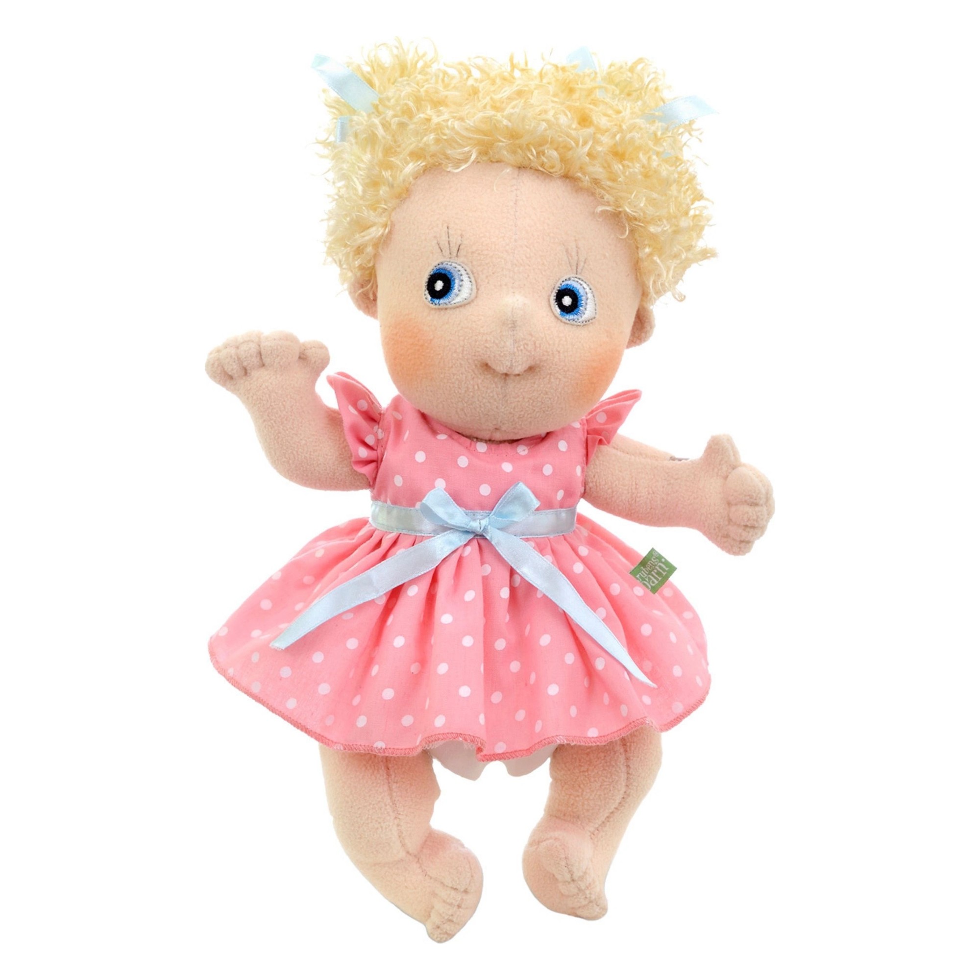 Rubens Cutie doll Emelie with blond curls and a pink dotted dress with blue bow