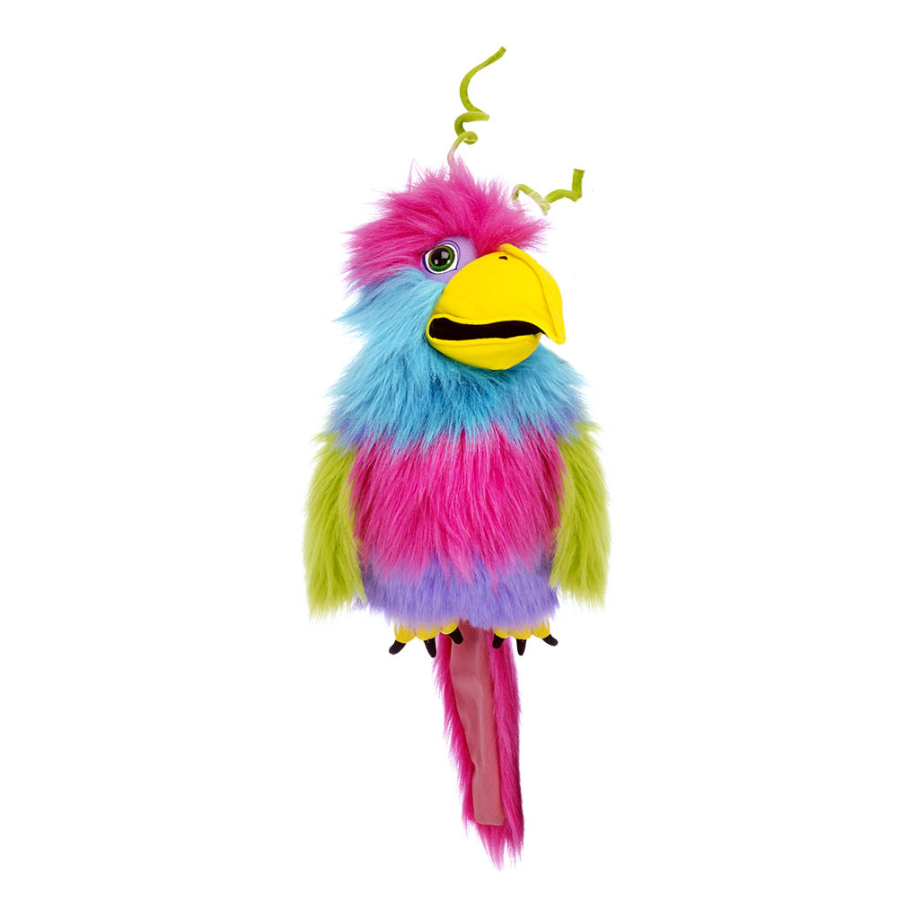 The Puppet Company hand puppet bird of paradise with sound, colourful bird with pink head and long pink feather tail, front view