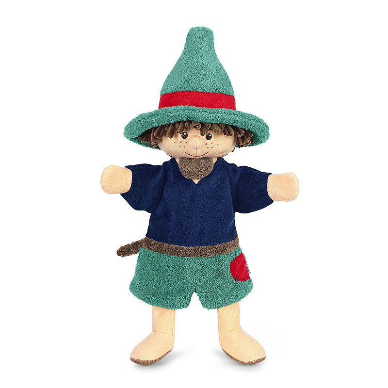 Sterntaler baby hand puppet robber, green pointed hat with a red band, a navy top and a beard