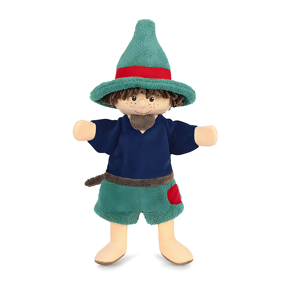 Sterntaler baby hand puppet robber, green pointed hat with a red band, a navy top and a beard
