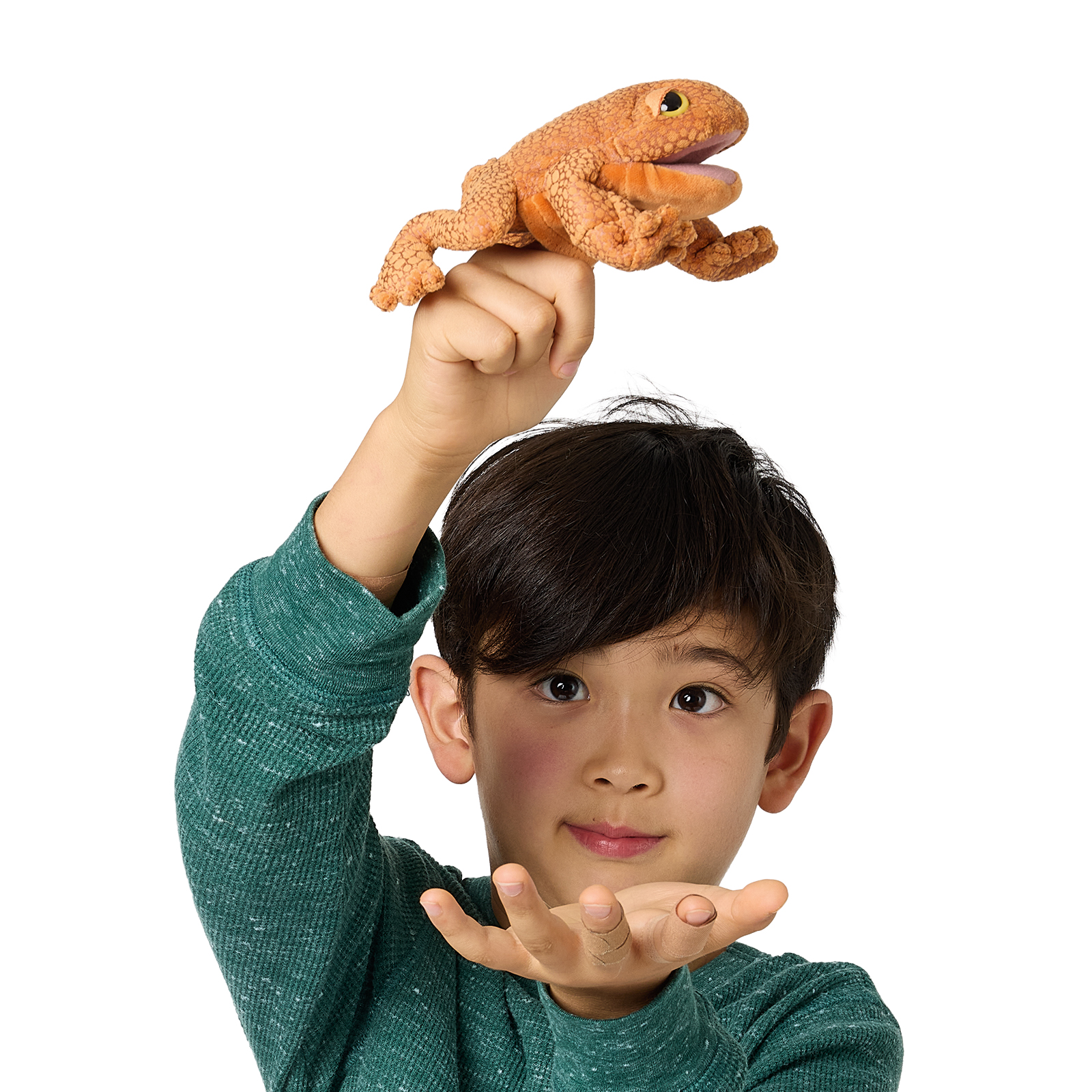 Folkmanis mini orange toad finger puppet with open mouth, operated by a child on a raised index finger