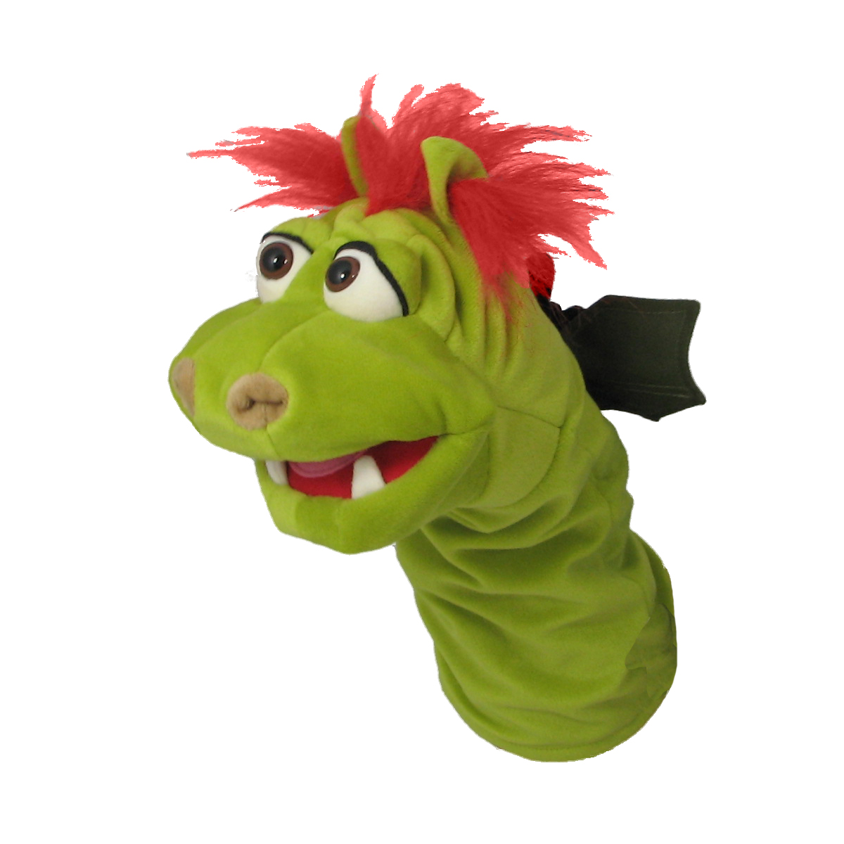 Living Puppets sock puppet Gregor the dragon, green with a red tuft of hair and dark wings, three-quarter view