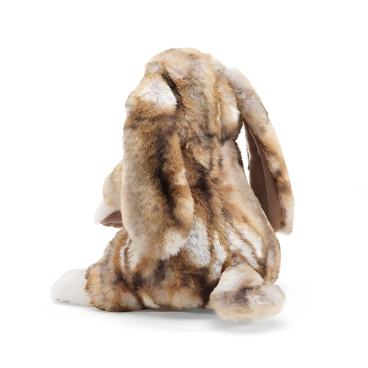 Folkmanis lop-eared rabbit hand puppet seen from behind, brown and white spotted plush fur, long drooping ears
