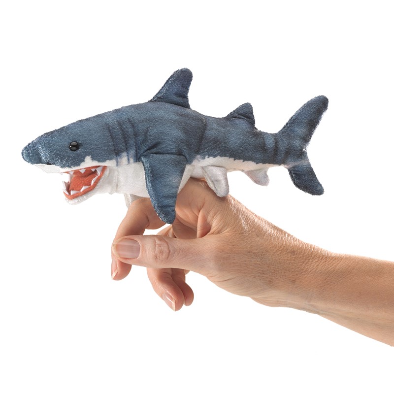 Folkmanis mini shark finger puppet in blue-grey with open mouth, worn on two fingers of a hand, side view