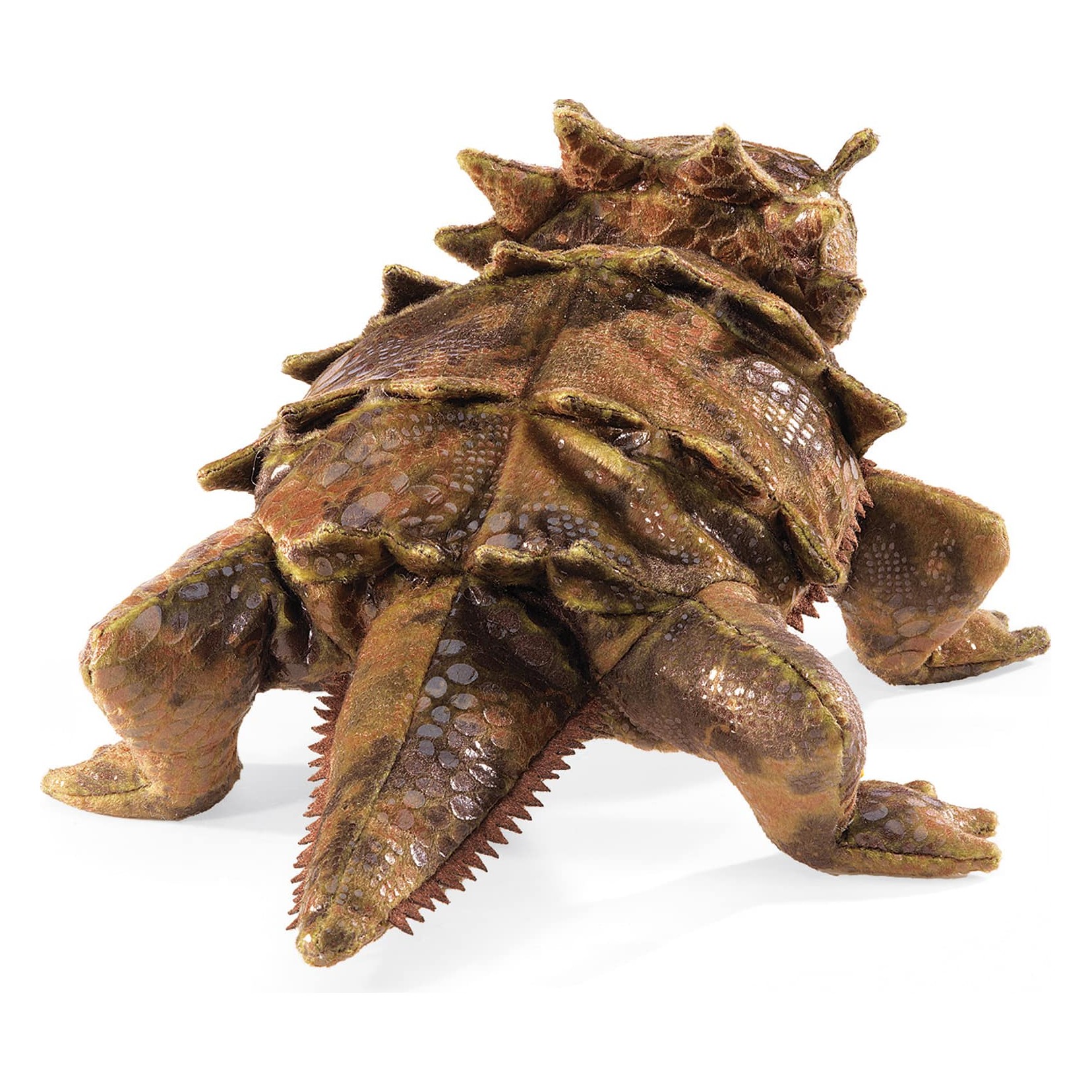 Folkmanis horned lizard hand puppet with textured scaled plush in brown-olive tones, spiky back and serrated tail, shown from a diagonal angle