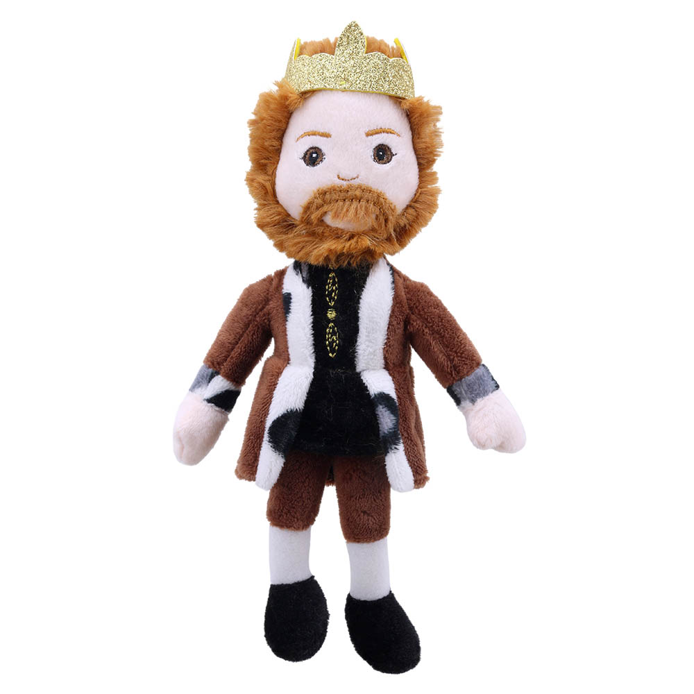 The Puppet Company finger puppet king, fabric doll with a golden crown, an auburn beard and a brown coat
