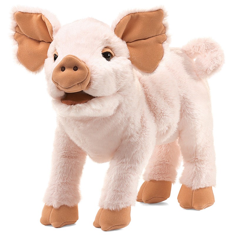 Folkmanis piglet hand puppet in soft pink, standing with open mouth and large protruding ears, angled view