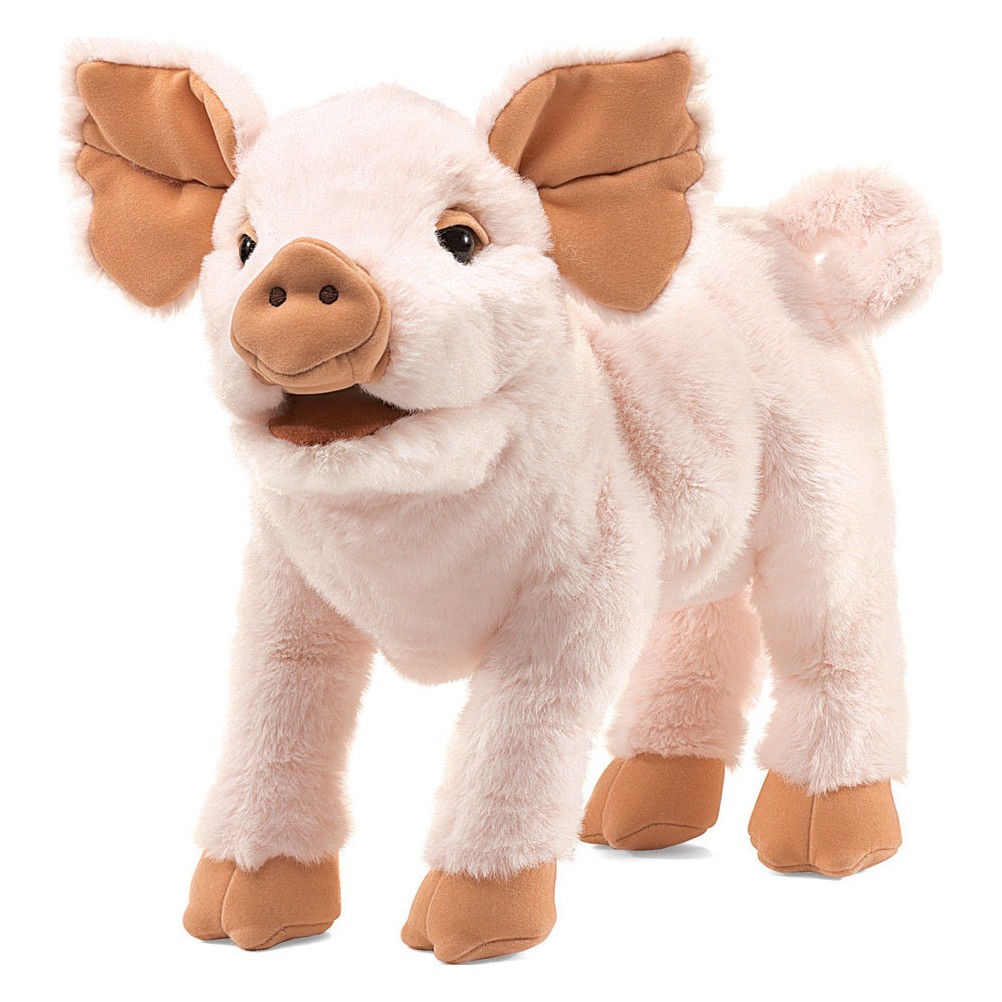 Folkmanis piglet hand puppet in soft pink, standing with open mouth and large protruding ears, angled view