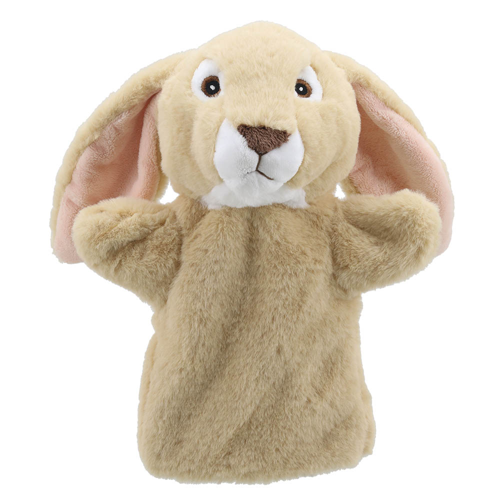 The Puppet Company baby hand puppet floppy-eared rabbit, beige rabbit with pink floppy ears, front view