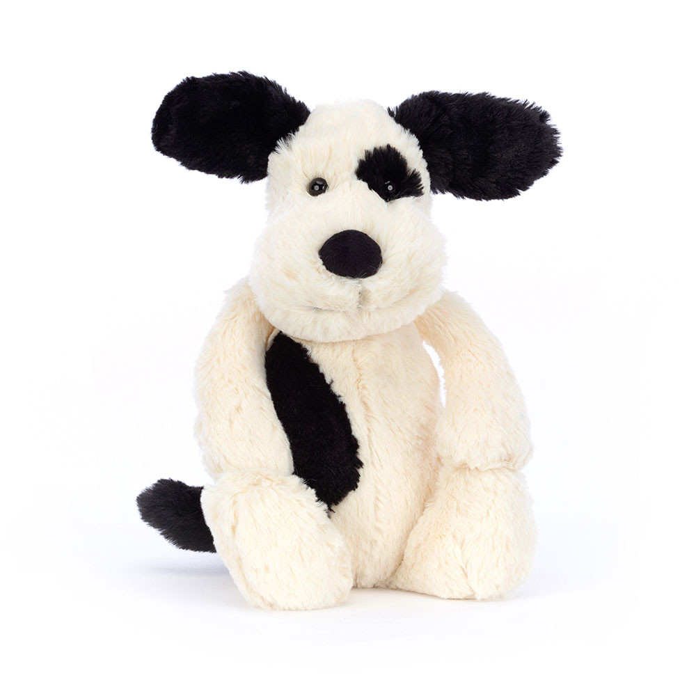 Jellycat plush toy Bashful Puppy Black Cream, cream-coloured puppy with black ears and a black patch, sitting